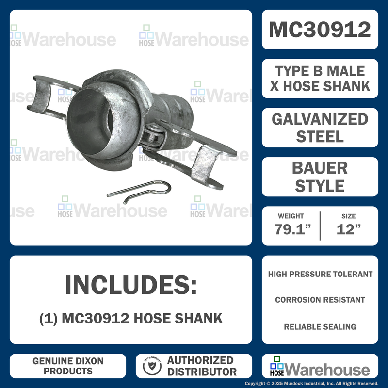 MC30912 by Dixon Valve | Type B (Bauer Style) Quick Connect Fitting | 12" Size | Male with Hose Barb | Galvanized Steel