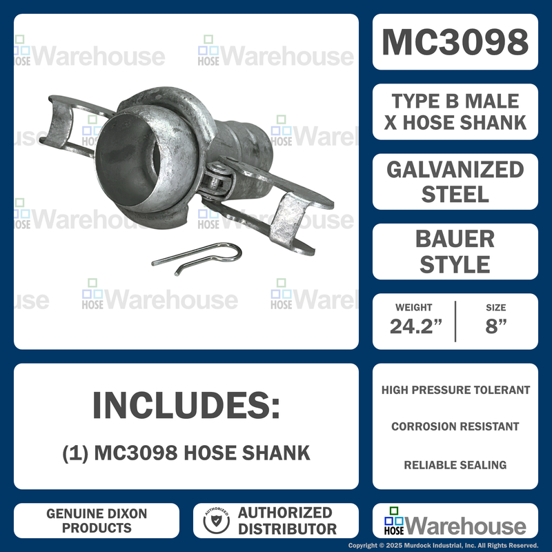 MC3098 by Dixon Valve | Type B (Bauer Style) Quick Connect Fitting | 8" Size | Male with Hose Barb | Galvanized Steel