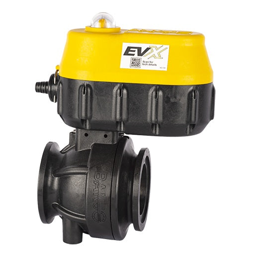 MEVX220 by Banjo | Manifold Flange Connection | MEVX On/Off Welded Electric Valve | Full Port | 2" Pipe Size | 2" Opening Thru Ball  | FKM Seals | Polypropylene