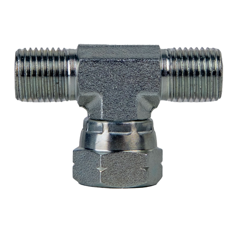 9342-10-10-10 by Midland | Hydraulic Adapter | Swivel Branch Tee | 5/8" Male BSPP x 5/8" Male BSPP x 5/8" Female BSPP Swivel Branch | Steel