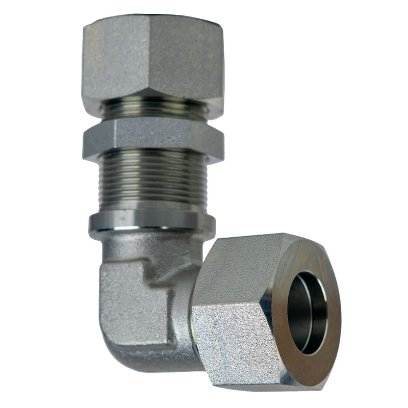 D2701-LN-S12-S12 by Midland | Hydraulic Metric Compression Fitting | DIN Bulkhead Union | 90° Elbow | Heavy | S12 Tube OD x S12 Tube OD | Steel