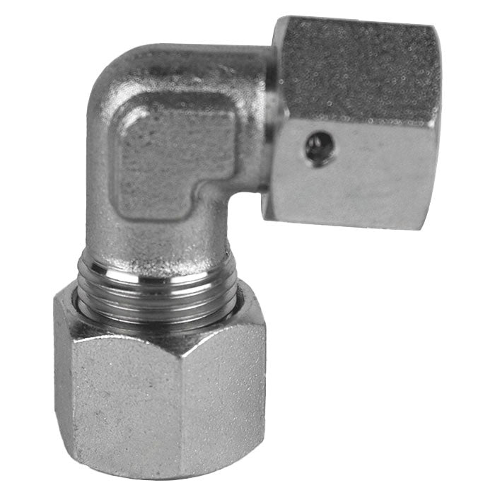 D6500-S10-S10 by Midland | Hydraulic Metric Compression Fitting | DIN  to Female DIN Swivel | 90° Elbow | Heavy | S10 Tube OD x S10 Tube OD | Steel