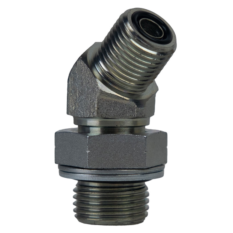 FS7102-06-08-NWO by Midland | Hydraulic Adapter | 45° Elbow | 3/8" Male O-Ring Face Seal x 1/2" Male BSPP | Steel