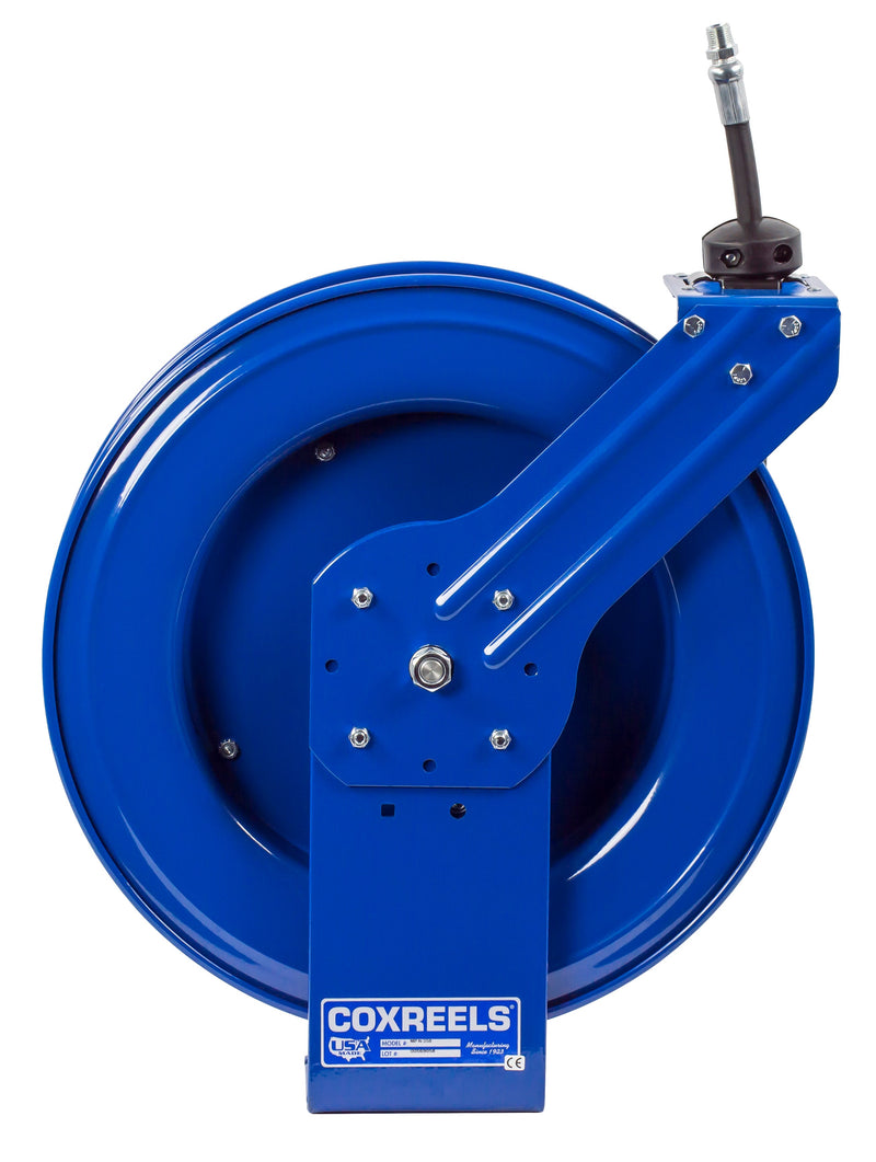 MP-N-450 by Coxreels | SH Series | 2,500 PSI Spring Driven Hose Reel for Air, Water & Oil | 1/2" Hose ID, 1/2" FNPT Inlet x 1/2" MNPT Hose End | Steel | 50ft Rubber Hose Included