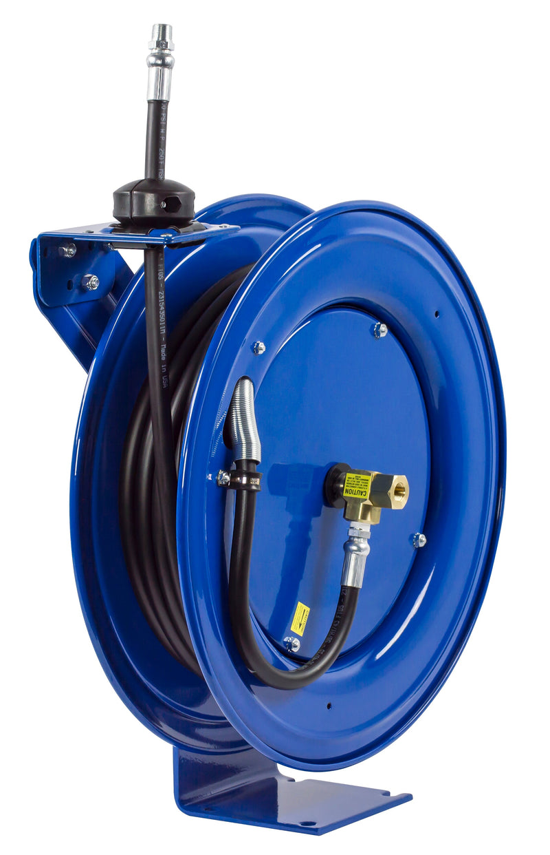 MP-N-350 by Coxreels | SH Series | 3,000 PSI Spring Driven Hose Reel for Air, Water & Oil | 3/8" Hose ID, 3/8" FNPT Inlet x 3/8" MNPT Hose End | Steel | 50ft Rubber Hose Included