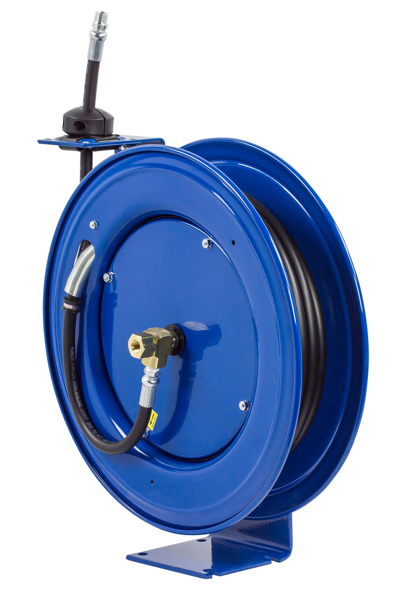 MP-N-525 by Coxreels | SH Series | 1,500 PSI Spring Driven Hose Reel for Air, Water & Oil | 3/4" Hose ID, 3/4" FNPT Inlet x 3/4" MNPT Hose End | Steel | 25ft Rubber Hose Included