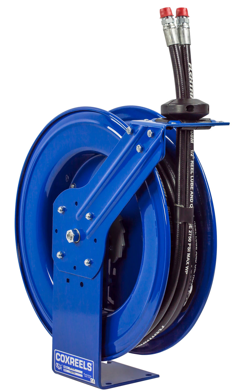 MPD-N-430 by Coxreels | MPD Series | 2,500 PSI Dual Hose Spring Driven Hose Reel for Hydraulic Oil | 1/2" Hose ID, 3/8" FNPT Inlet x 3/8" MNPT Hose End | Steel | 30ft Synthetic Rubber Hose Included