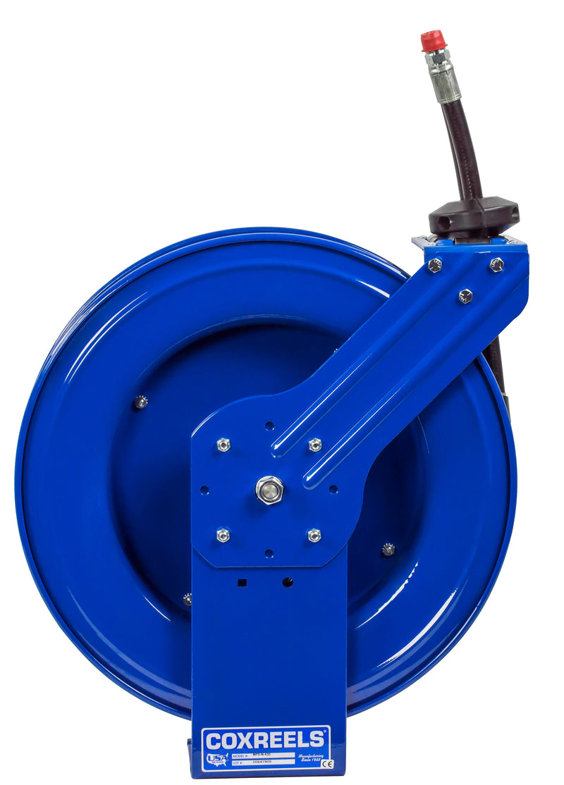 MPD-N-430 by Coxreels | MPD Series | 2,500 PSI Dual Hose Spring Driven Hose Reel for Hydraulic Oil | 1/2" Hose ID, 3/8" FNPT Inlet x 3/8" MNPT Hose End | Steel | 30ft Synthetic Rubber Hose Included