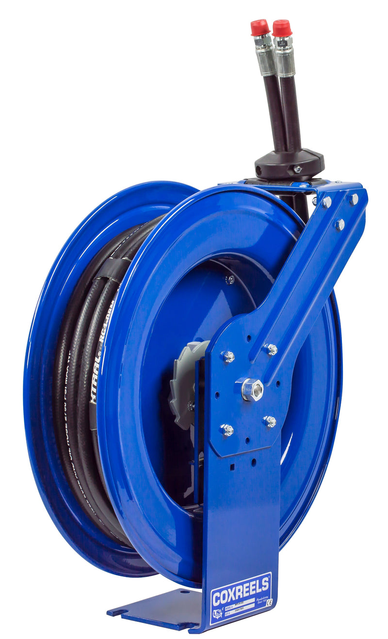 MPD-N-330 by Coxreels | MPD Series | 3,000 PSI Dual Hose Spring Driven Hose Reel for Hydraulic Oil | 3/8" Hose ID, 3/8" FNPT Inlet x 3/8" MNPT Hose End | Steel | 30ft Synthetic Rubber Hose Included