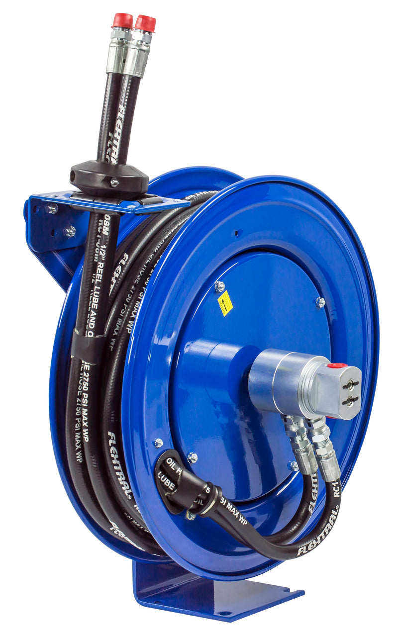 MPD-N-330 by Coxreels | MPD Series | 3,000 PSI Dual Hose Spring Driven Hose Reel for Hydraulic Oil | 3/8" Hose ID, 3/8" FNPT Inlet x 3/8" MNPT Hose End | Steel | 30ft Synthetic Rubber Hose Included