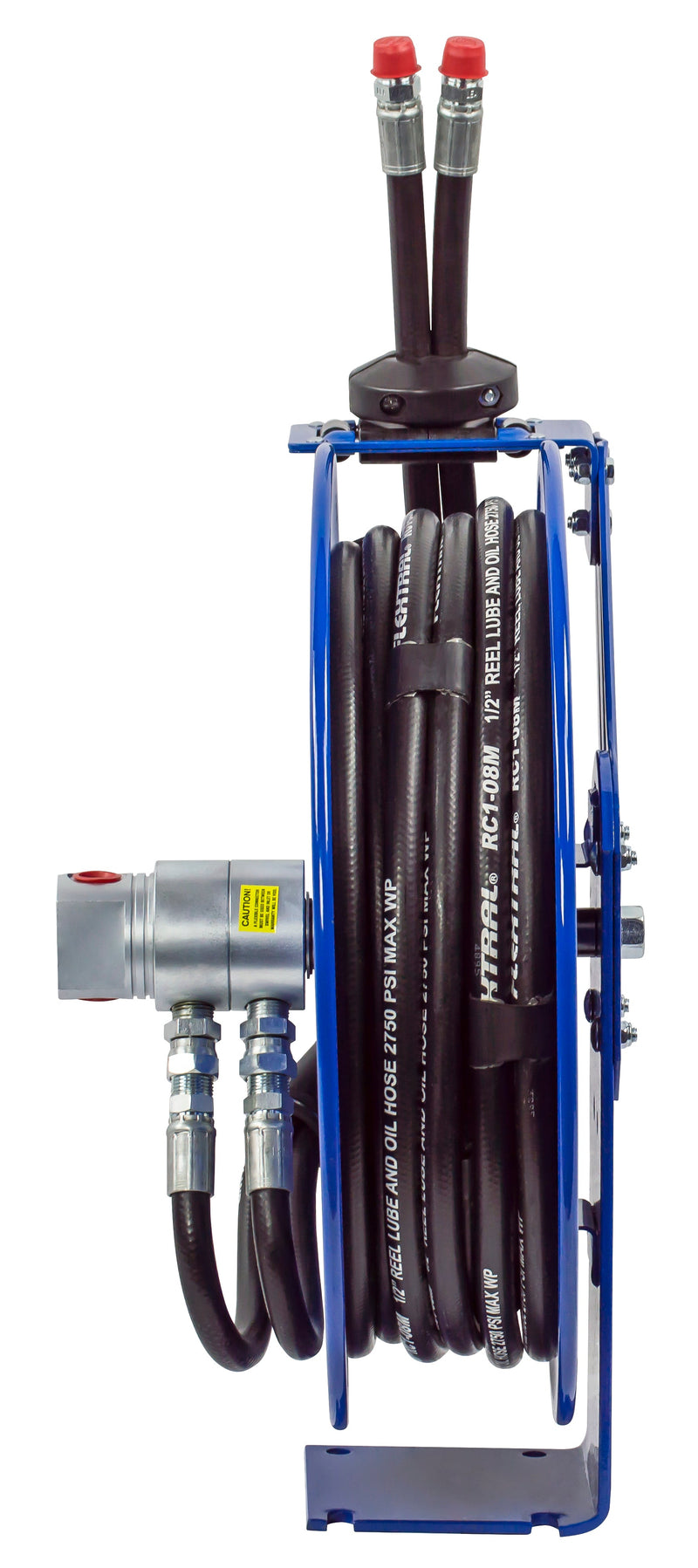 MPD-N-430 by Coxreels | MPD Series | 2,500 PSI Dual Hose Spring Driven Hose Reel for Hydraulic Oil | 1/2" Hose ID, 3/8" FNPT Inlet x 3/8" MNPT Hose End | Steel | 30ft Synthetic Rubber Hose Included