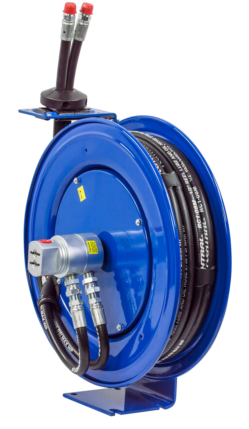 MPD-N-330 by Coxreels | MPD Series | 3,000 PSI Dual Hose Spring Driven Hose Reel for Hydraulic Oil | 3/8" Hose ID, 3/8" FNPT Inlet x 3/8" MNPT Hose End | Steel | 30ft Synthetic Rubber Hose Included