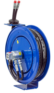 MPD-N-430 by Coxreels | MPD Series | 2,500 PSI Dual Hose Spring Driven Hose Reel for Hydraulic Oil | 1/2" Hose ID, 3/8" FNPT Inlet x 3/8" MNPT Hose End | Steel | 30ft Synthetic Rubber Hose Included