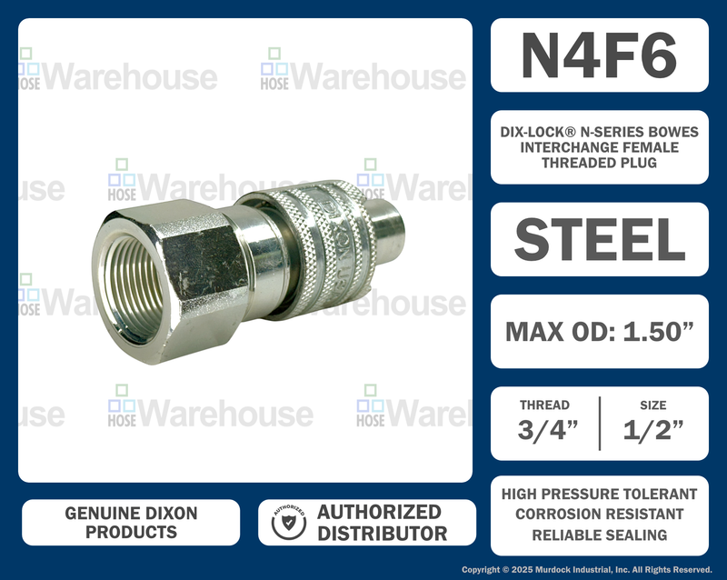 N4F6 by Dixon Valve | Pneumatic Quick Disconnect Coupling | Dix-Lock® N-Series | 3/4" Female NPTF x 1/2" Body Size | Plug | Steel