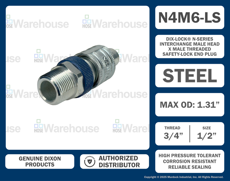 N4M6-LS by Dixon Valve | Pneumatic Quick Disconnect Coupling | Dix-Lock® N-Series | 3/4" Male NPTF x 1/2" Body Size | Plug with Locking Sleeve | Steel