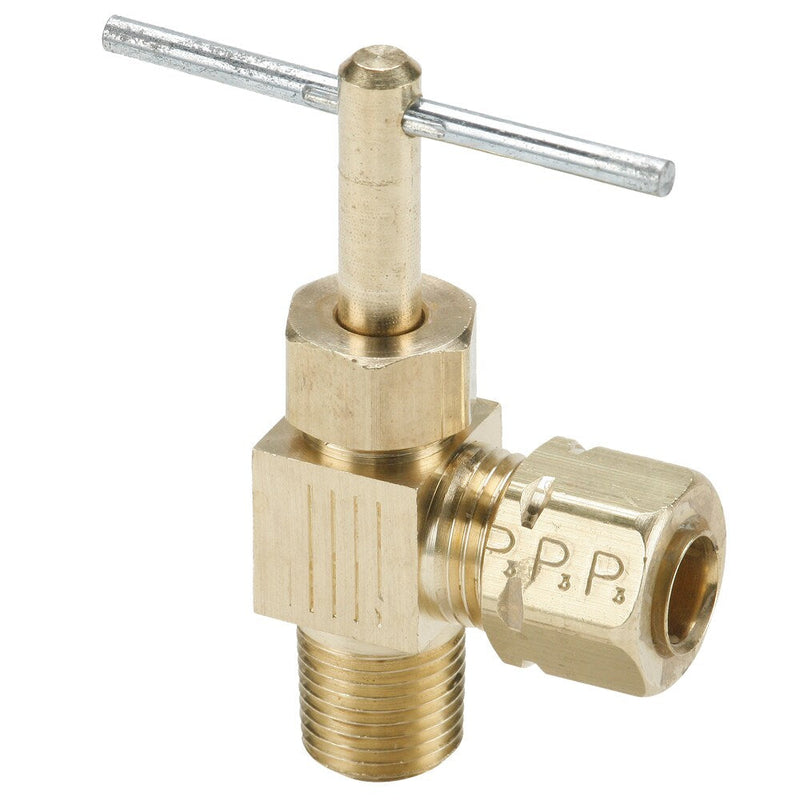 NV104CA-4-2 by Parker | Angle Needle Valve | 1/4" Tube Size x 1/8" Male Pipe Thread | 1.49" Length | 90° Elbow | Brass
