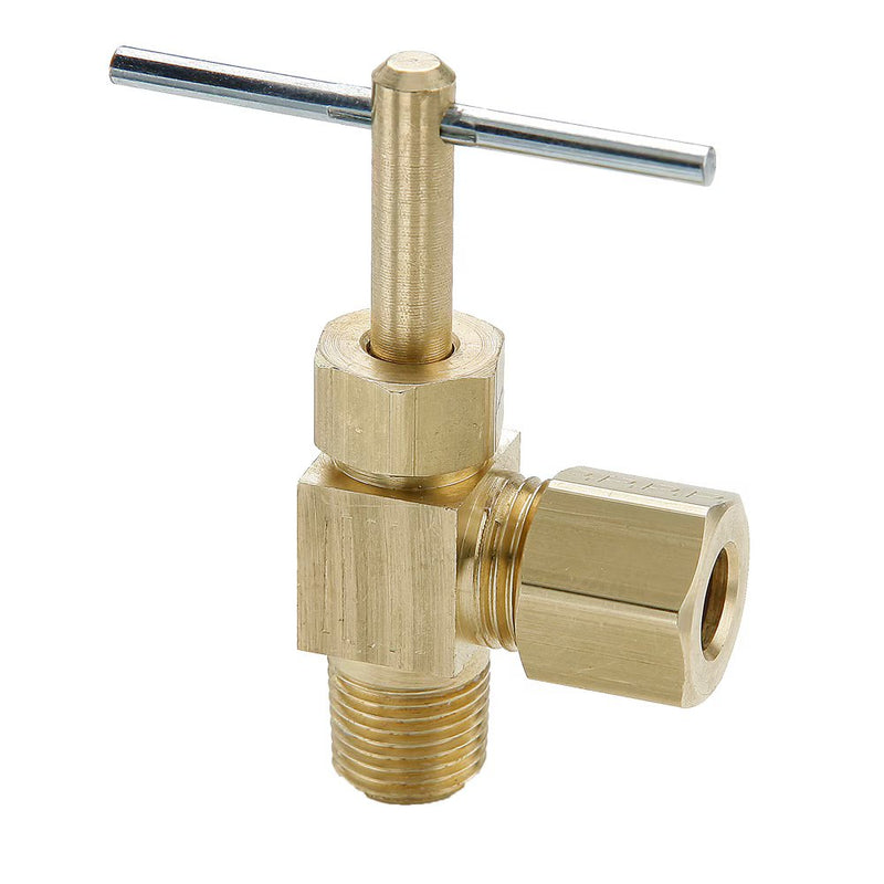 NV104C-4-2 by Parker | Angle Needle Valve | 1/4" Tube Size x 1/8" Male Pipe Thread | 1.54" Length | 90° Elbow | Brass | Pack of 10