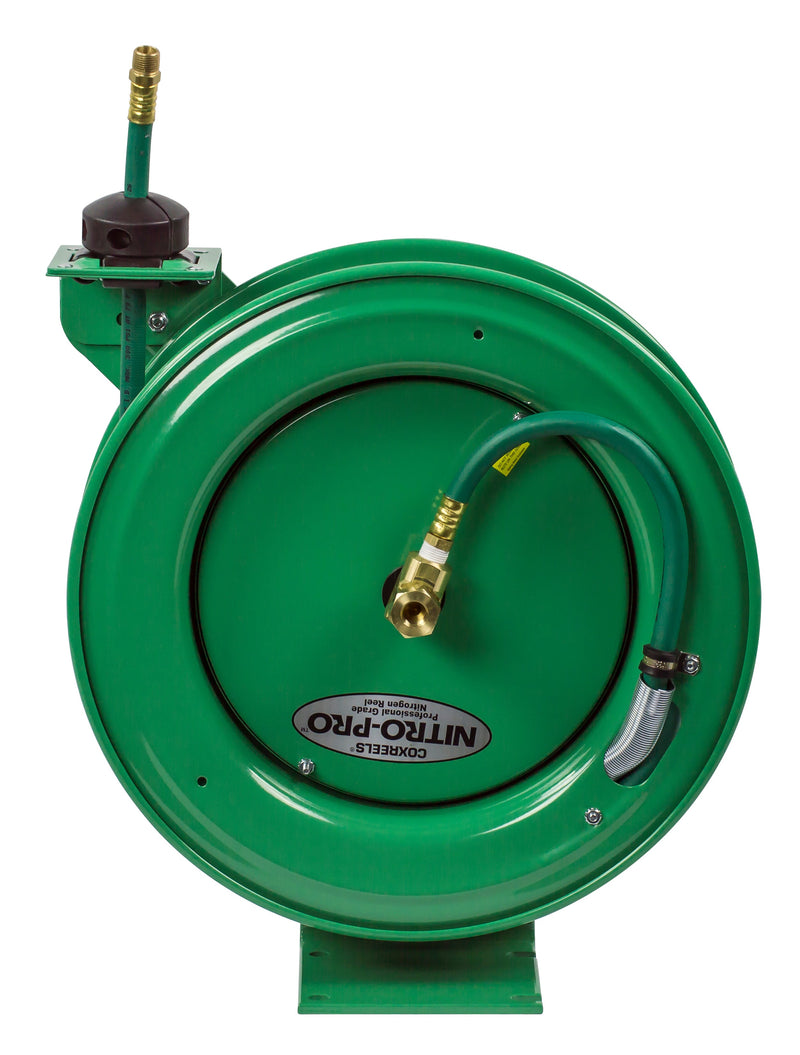 P-NP-350 by Coxreels | Nitro-Pro Series | 300 PSI Spring Driven Hose Reel for Nitrogen | 3/8" Hose ID, 3/8" FNPT Inlet x 3/8" MNPT Hose End | Steel | 50ft PVC Hose Included