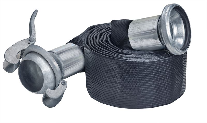 OF10ASL400X50 OROFLEX® 10 by Kuriyama | OF10ASL Series | Rubber Discharge Layflat Hose Assembly | Male x Female Sphere Lock™ Type B Ball & Socket Couplings | 4" Size | Black | 50ft Length