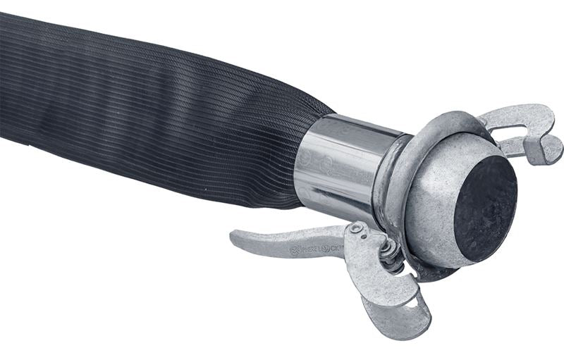OF10ASL400X50 OROFLEX® 10 by Kuriyama | OF10ASL Series | Rubber Discharge Layflat Hose Assembly | Male x Female Sphere Lock™ Type B Ball & Socket Couplings | 4" Size | Black | 50ft Length