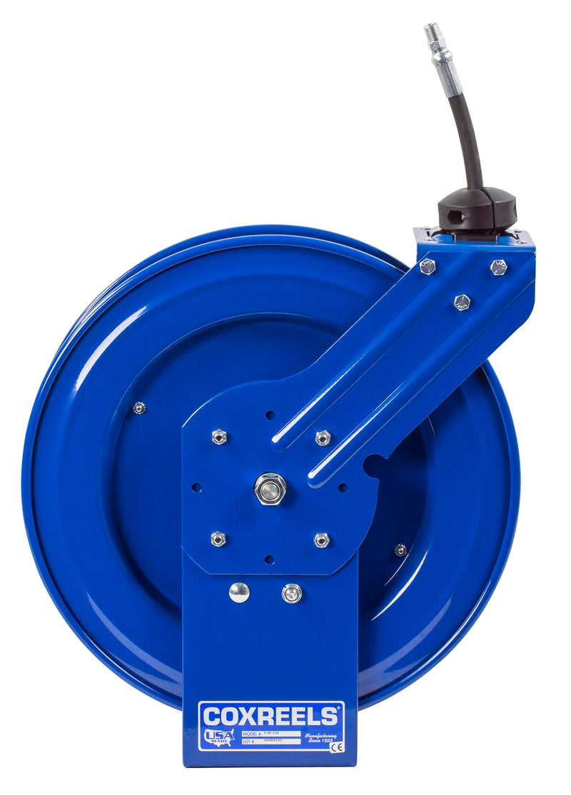 P-HP-130 by Coxreels | P Series | 5,000 PSI Spring Driven Hose Reel | 1/4" Hose ID, 1/4" FNPT Inlet x 1/4" MNPT Hose End | Steel | 30ft Rubber Hose Included