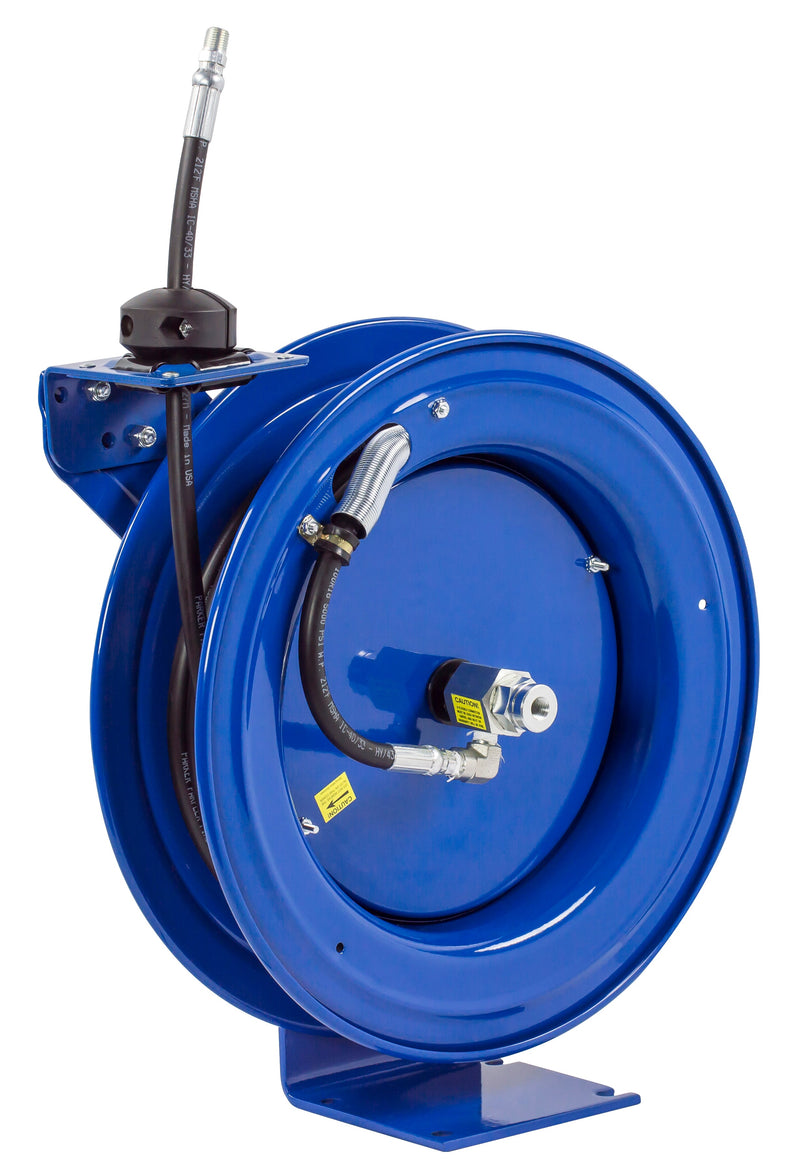 P-HP-325 by Coxreels | P Series | 4,000 PSI Spring Driven Hose Reel | 3/8" Hose ID, 3/8" FNPT Inlet x 3/8" MNPT Hose End | Steel | 25ft Rubber Hose Included
