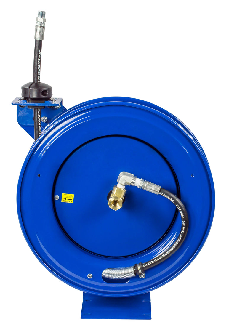 P-MP-330 by Coxreels | P Series | 3,000 PSI Spring Driven Hose Reel | 3/8" Hose ID, 3/8" FNPT Inlet x 3/8" MNPT Hose End | Steel | 30ft Rubber Hose Included