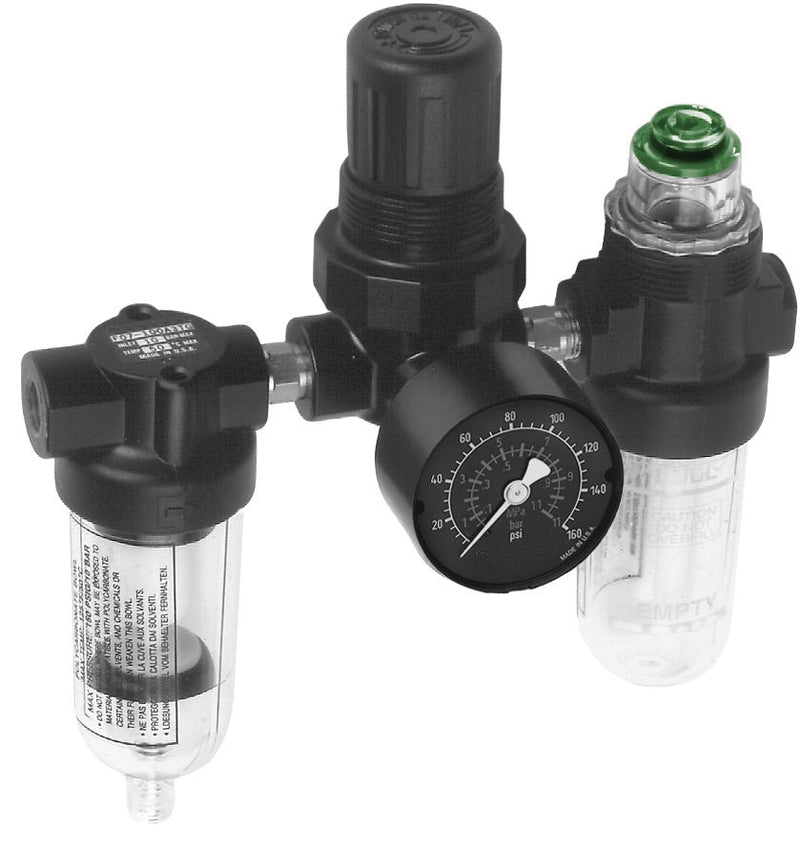 P1A-100M by Dixon Valve | P1A Series 1 | Miniature FRL Combination Unit | 1 oz. Filter | 0-125 PSI Regulator | 1 oz. Lubricator | 1/8" Port Size | 10 SCFM | Manual Drain | Transparent Bowl