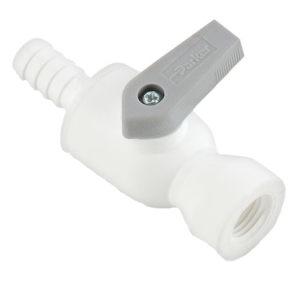 PBPP4VFC4 by Parker | Ball Valve | 1/4" Barb x 1/4" Female NPT Threads | 2.76" Length | Straight | White | Polypropylene