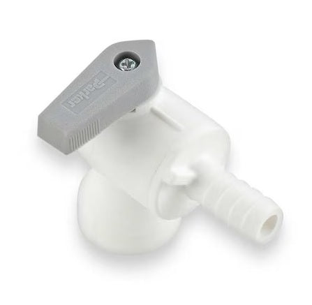 PBPP6VFE6 by Parker | Ball Valve | 3/8" Barb x 3/8" Female NPT Thread | 2.18" Length | 90° Elbow | White | Polypropylene