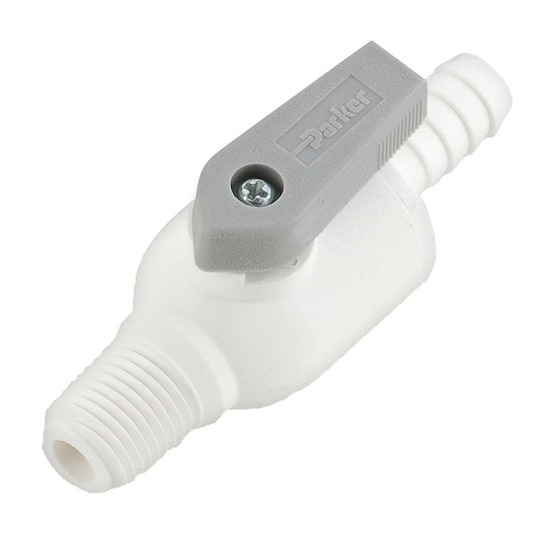 PBPP4VMC4 by Parker | Ball Valve | 1/4" Barb x 1/4" Male NPT Thread | 2.79" Length | Straight | White | Polypropylene