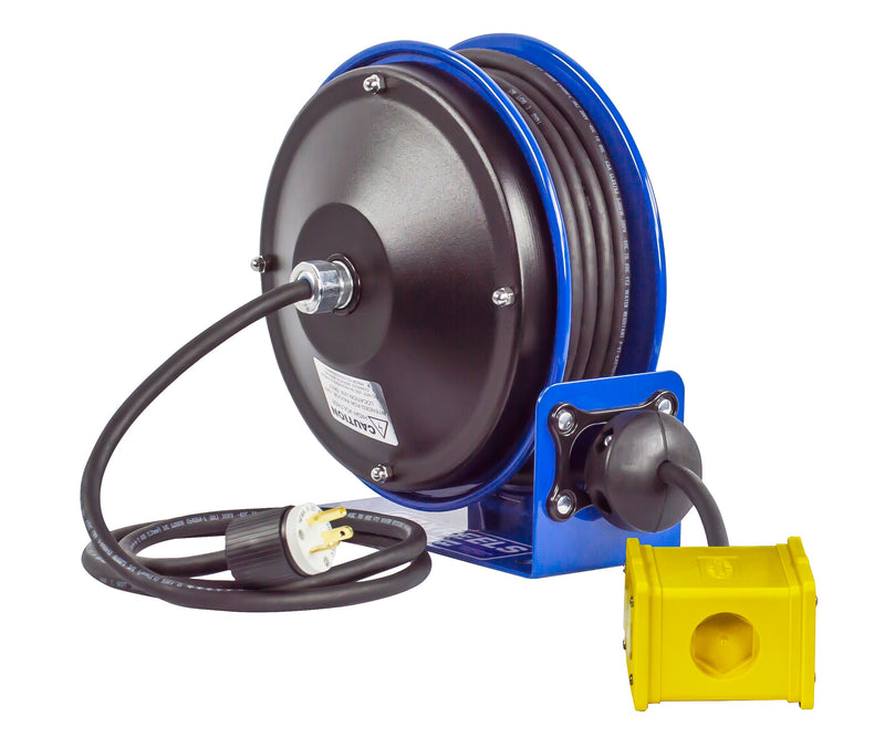PC10-3012-B by Coxreels | PC10 Series | Spring Driven Power Cord Reel with Quad Industrial Receptacle | 12/3 SJO Cord, 20A, 115V | Steel | 30ft Cord Included