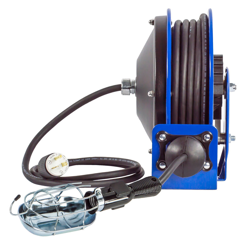 PC10-3016-E by Coxreels | PC10 Series | Spring Driven Power Cord Reel with Incandescent Cage Light with Tool Tap | 16/3 SJTO Cord, 13A, 115V | Steel | 30ft Cord Included