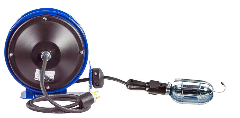 PC10-3016-E by Coxreels | PC10 Series | Spring Driven Power Cord Reel with Incandescent Cage Light with Tool Tap | 16/3 SJTO Cord, 13A, 115V | Steel | 30ft Cord Included