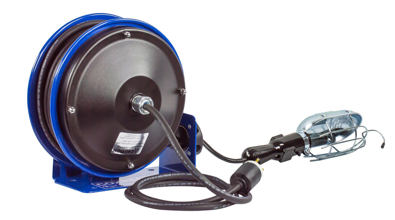 PC10-3016-E by Coxreels | PC10 Series | Spring Driven Power Cord Reel with Incandescent Cage Light with Tool Tap | 16/3 SJTO Cord, 13A, 115V | Steel | 30ft Cord Included
