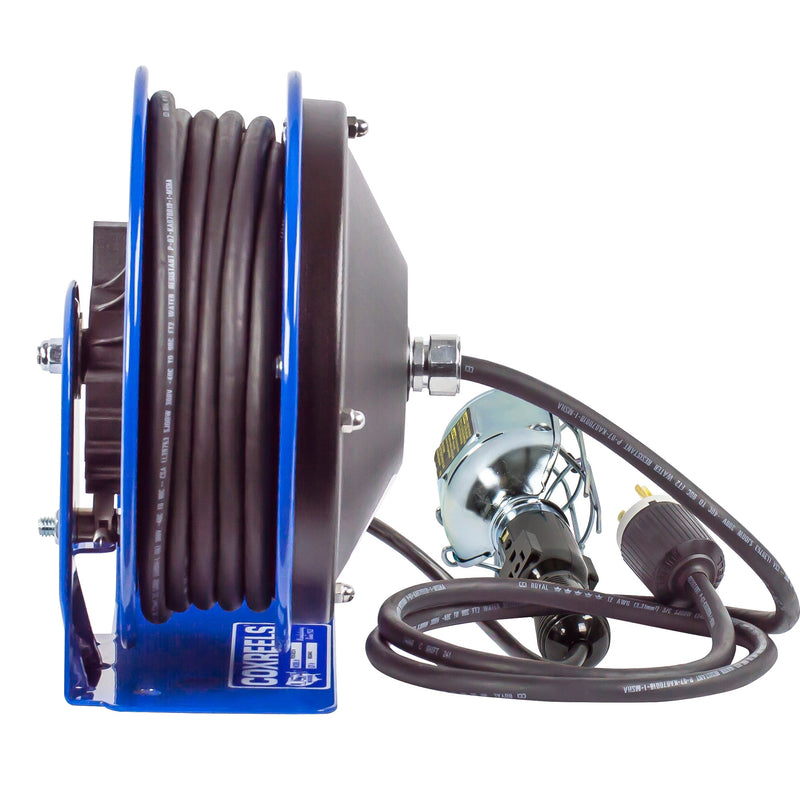 PC10-3016-E by Coxreels | PC10 Series | Spring Driven Power Cord Reel with Incandescent Cage Light with Tool Tap | 16/3 SJTO Cord, 13A, 115V | Steel | 30ft Cord Included
