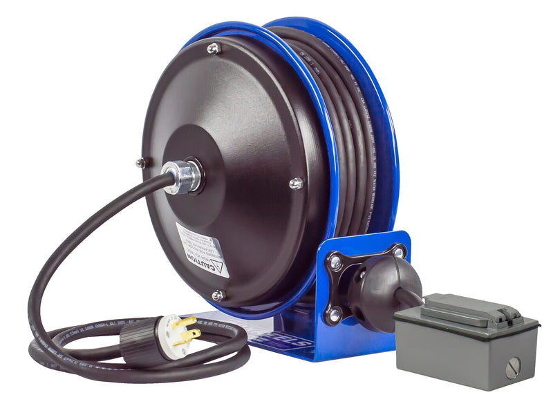 PC10-3012-F by Coxreels | PC10 Series | Spring Driven Power Cord Reel with Duplex GFCI Receptacle | 12/3 SJO Cord, 20A, 115V | Steel | 30ft Cord Included