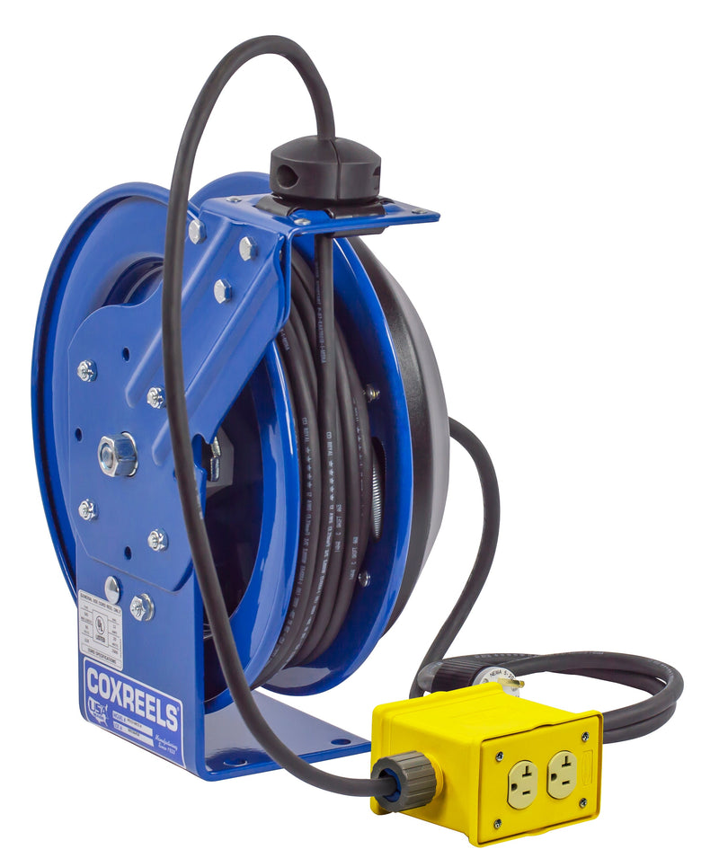 PC13-3512-B by Coxreels | PC Series | Spring Driven Power Cord Reel with Quad Industrial Receptacle | 12/3 SJO Cord, 20A, 115V | Steel | 35ft Cord Included