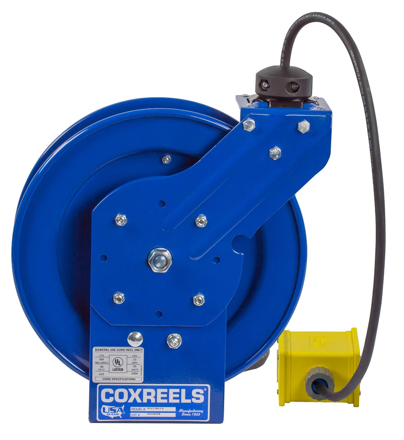 PC13-3512-B by Coxreels | PC Series | Spring Driven Power Cord Reel with Quad Industrial Receptacle | 12/3 SJO Cord, 20A, 115V | Steel | 35ft Cord Included