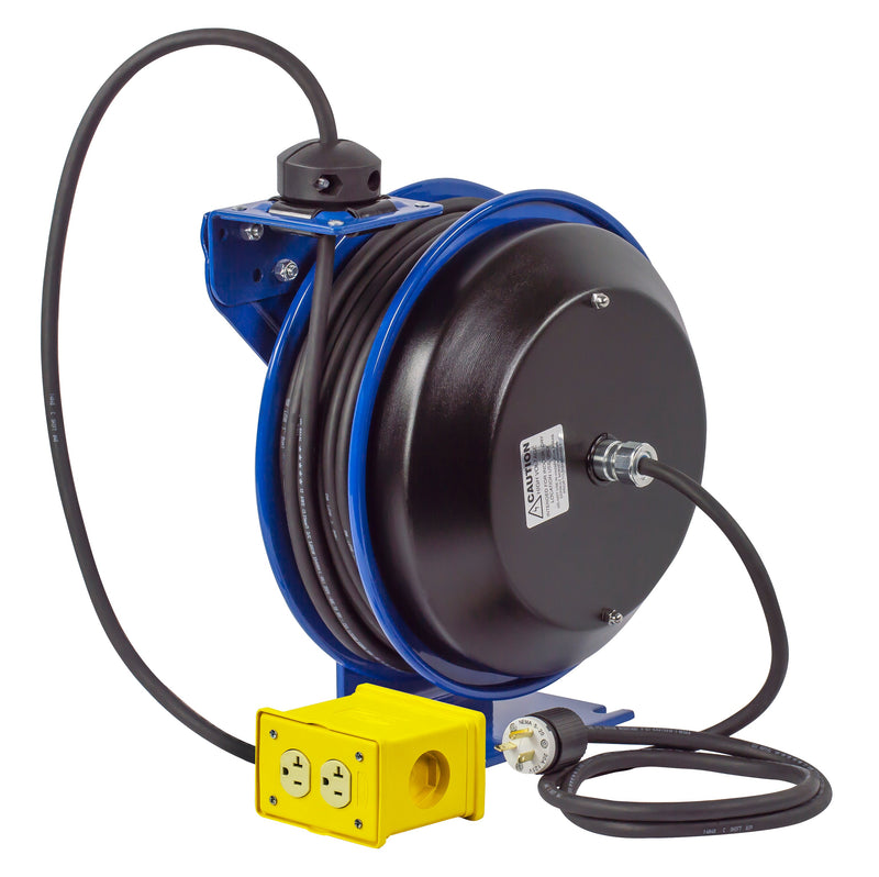 PC13-3512-B by Coxreels | PC Series | Spring Driven Power Cord Reel with Quad Industrial Receptacle | 12/3 SJO Cord, 20A, 115V | Steel | 35ft Cord Included