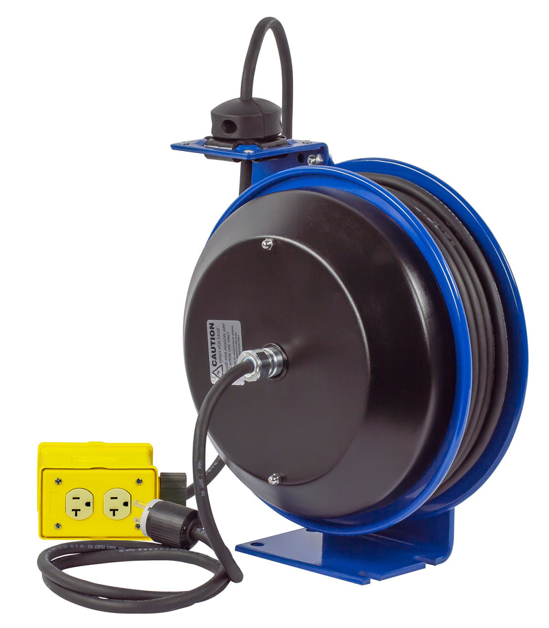 PC13-5012-B by Coxreels | PC Series | Spring Driven Power Cord Reel with Quad Industrial Receptacle | 12/3 SJO Cord, 20A, 115V | Steel | 50ft Cord Included