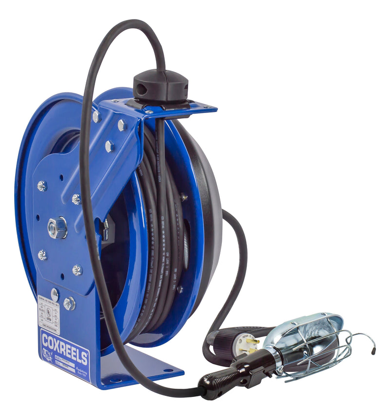 PC13-3516-E by Coxreels | PC Series | Spring Driven Power Cord Reel with Incandescent Cage Light | 16/3 SJTO Cord, 13A, 115V | Steel | 35ft Cord Included