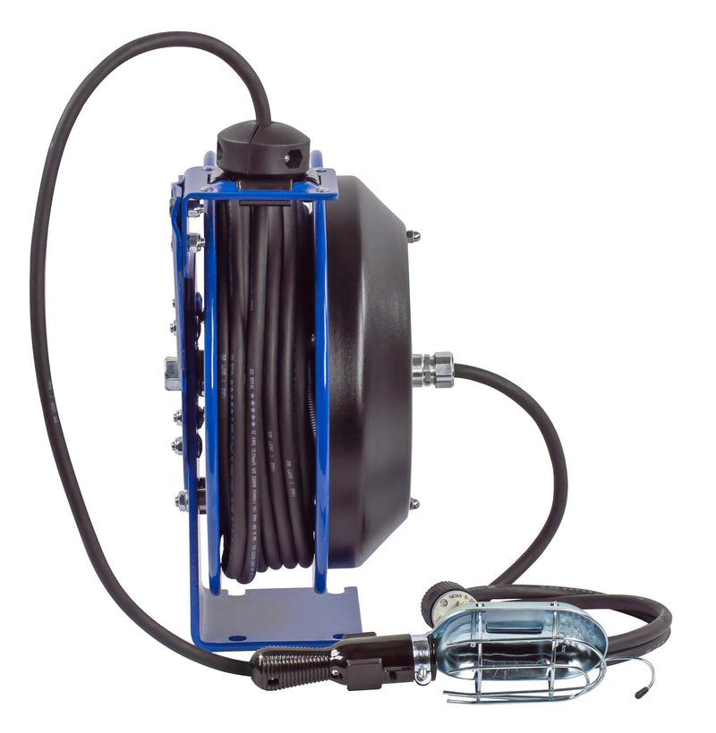 PC13-3516-E by Coxreels | PC Series | Spring Driven Power Cord Reel with Incandescent Cage Light | 16/3 SJTO Cord, 13A, 115V | Steel | 35ft Cord Included