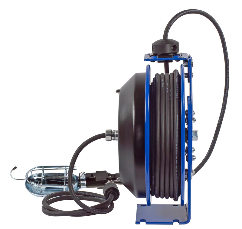PC13-5016-E by Coxreels | PC Series | Spring Driven Power Cord Reel with Incandescent Cage Light | 16/3 SJTO Cord, 13A, 115V | Steel | 50ft Cord Included