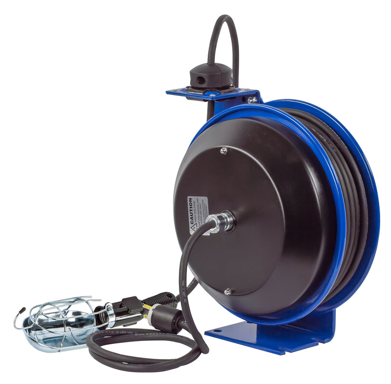 PC13-5016-E by Coxreels | PC Series | Spring Driven Power Cord Reel with Incandescent Cage Light | 16/3 SJTO Cord, 13A, 115V | Steel | 50ft Cord Included