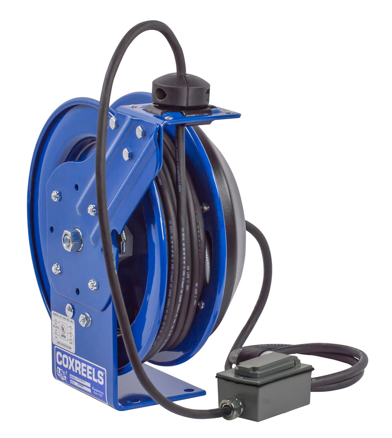 PC13-3512-F by Coxreels | PC Series | Spring Driven Power Cord Reel with Duplex Industrial Receptacle | 16/3 SJO Cord, 20A, 115V | Steel | 35ft Cord Included