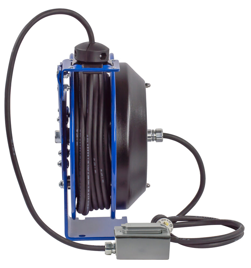 PC13-5012-F by Coxreels | PC Series | Spring Driven Power Cord Reel with Duplex Industrial Receptacle | 12/3 SJO Cord, 20A, 115V | Steel | 50ft Cord Included