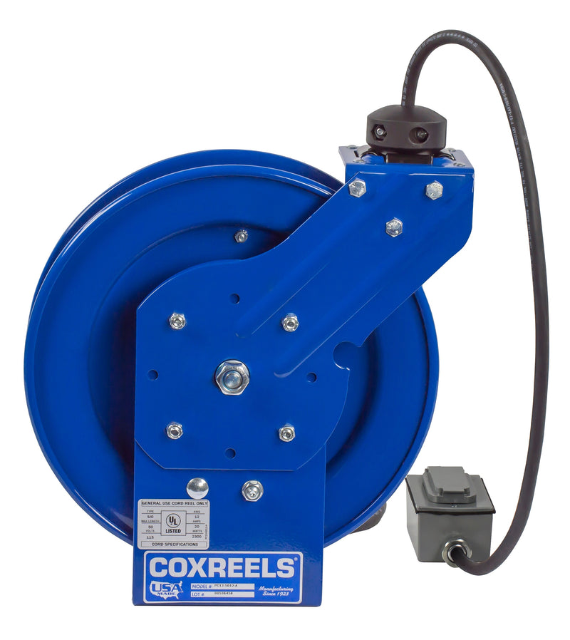 PC13-3512-F by Coxreels | PC Series | Spring Driven Power Cord Reel with Duplex Industrial Receptacle | 16/3 SJO Cord, 20A, 115V | Steel | 35ft Cord Included
