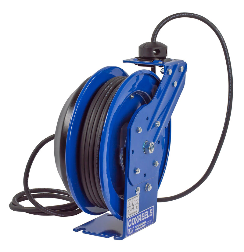 PC13-3512-F by Coxreels | PC Series | Spring Driven Power Cord Reel with Duplex Industrial Receptacle | 16/3 SJO Cord, 20A, 115V | Steel | 35ft Cord Included