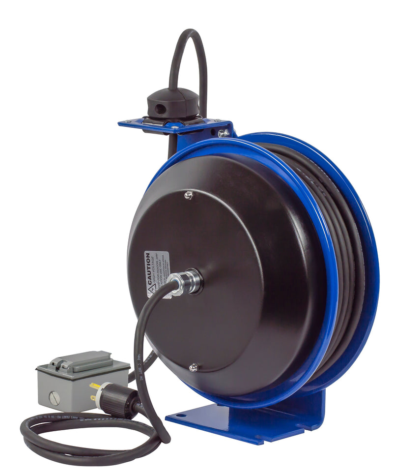 PC13-3512-F by Coxreels | PC Series | Spring Driven Power Cord Reel with Duplex Industrial Receptacle | 16/3 SJO Cord, 20A, 115V | Steel | 35ft Cord Included